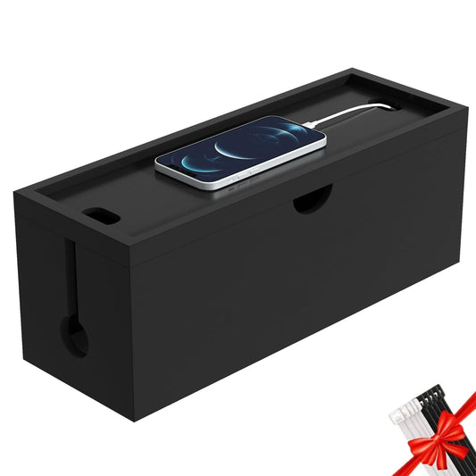 Bamboo Cable Management Box, Large Cord Organizer Box Cable Box to Hide Wires & Power Strips for Desktop Storage Cord Holder for Office Home,No Assembley Required (All Black, Large)