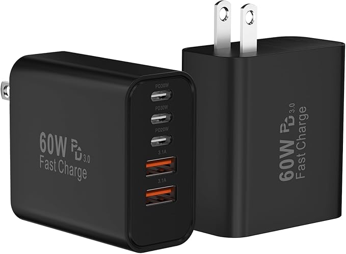 USB C Fast Wall Charger Block, 2Pack 60W USBC Charging Cubes, 5-Port PD+QC Power Adapter Multiport Brick Type C Box Plug for Phone 17/16/15/14/13/12/11/Pro Max/Plus, Pad Mini/Pro/S25/S24-Black