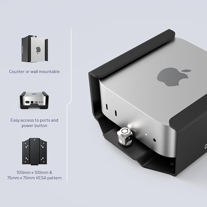 Mac mini M4 2024 Secure Mounting Bracket with Integrated Lock Head, Anti-Theft Steel Holder with Keyed Lock for Offices, Schools, and Public Spaces - Black