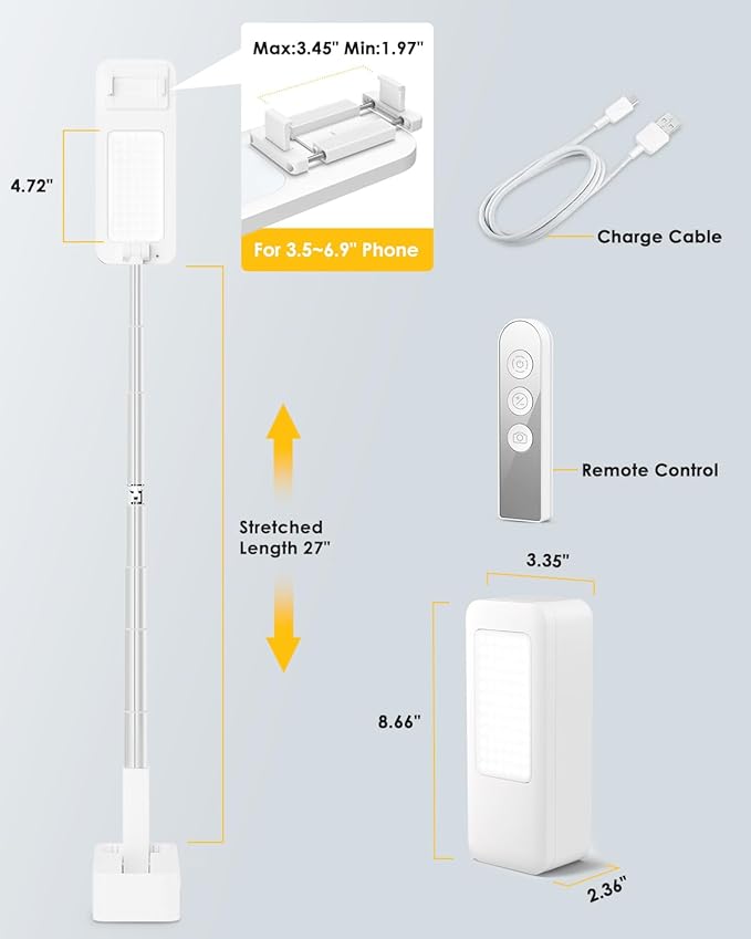 SupeDesk Phone Stand for Recording, Overhead Phone Mount with Light, Selfie Stand,Portable,Extendable,360° Rotate,Adjustable,Wireless Remote,Rechargeable, for 3.5-6.9" Phones, Live Streaming, White