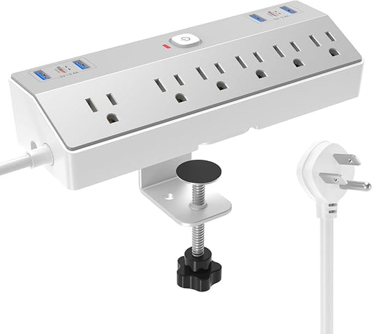 Desk Clamp Power Strip with 40W Fast Charging USB-C, JXGUCAT 10Ft Desk Mount Surge Protector with 6 Outlets 6 USB Ports, Flat Plug Extension Cord Home Office Essentials, Fit 2.48" Tabletop Edge