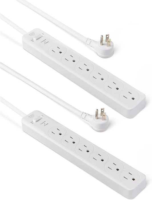 Amazon Basics Rectangle 6-Outlet Surge Protector Power Strip with Circuit Breaker, 600 Joule, 2ft Cord, White, 2-Pack