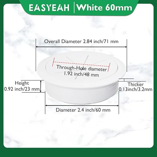 EASYEAH 5 Pcs Desk Grommet 2-3/8" / 60 mm, Desk Hole Cover for Cables White, Cable Grommet ABS Plastic, Desk Hole Grommet for Home & Office Pc, Detachable Cable Cord Organizer