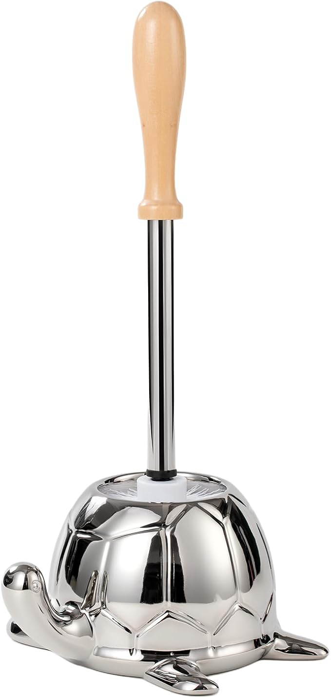 Toilet Brush and Holder Set, Ceramic Turtle Base Toilet Brush Set - 7.5â Bowl Cleaner, Toilet Scrubber Brush with Ergonomic Handle (Silver)