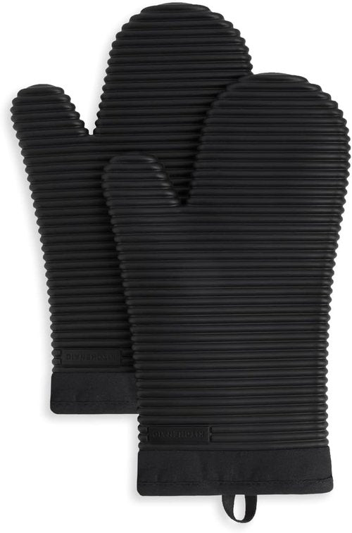 KitchenAid Ribbed Soft Silicone Oven Mitts - 2-Pack Set in Matte Black, 7.5"x13" for Ultimate Heat Protection