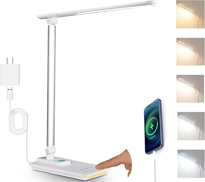 TECHNOVA LED Desk Lamp with 5 Color Temperatures | Sliding Stepless Dimming & One-Touch Timer | Foldable & Portable Design for Office/Study/Nail Art | Four-Axis Rotation for Small Desks