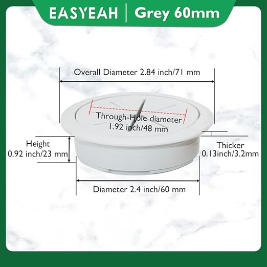 EASYEAH 2 Pcs Desk Grommet 2-3/8" / 60 mm, Desk Hole Cover for Cables Grey, Cable Grommet ABS Plastic, Desk Hole Grommet for Home & Office Pc, Detachable Cable Cord Organizer
