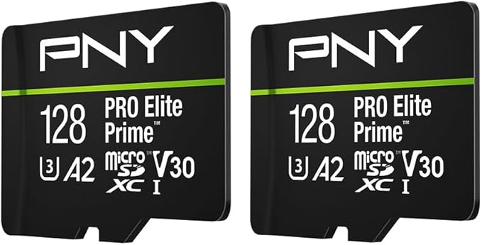 PNY 128GB PRO Elite Prime™ C10 U3 V30 A2 microSDXC Flash Memory Card – Ultra-Fast Speeds, Read 200MB/s, Write 150MB/s, 4K UHD, Full HD, UHS-I, for Smartphones, Drones, Action Cameras, 2-Pack