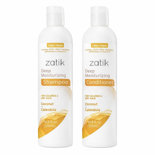 Zatik Naturals Deep Moisturizing Shampoo & Conditioner Set - Coconut & Calendula for Colored, Dry Hair | 10.8 fl oz Each