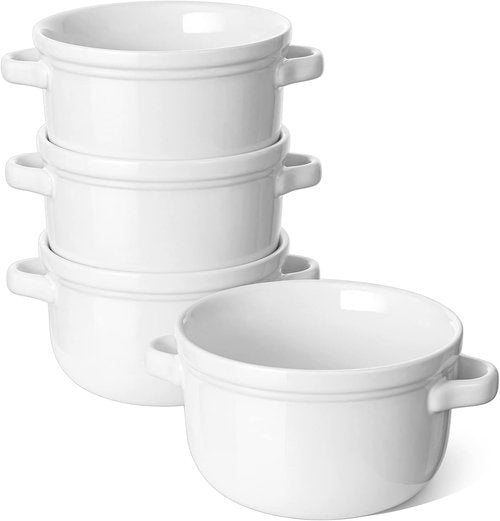 LE TAUCI Soup Bowls - 28 oz Ceramic Crocks With Handles | Oven & Microwave Safe, Set of 4, White