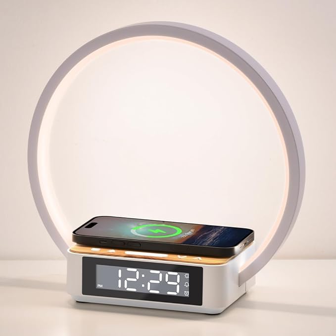 SMARTERIOR Wireless Charging Station with Alarm Clock,Bedside Lamp with Sunrise Wake-Up Light,Wireless Phone Charger,Touch Table Lamp with 3 Brightness Levels,Idea Gifts for Women,Men,Teens,Adults