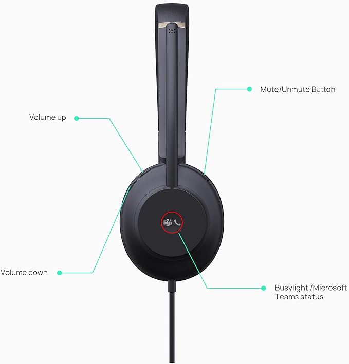 Yealink UH37 USB Headset with Microphone for PC Stereo Headphones with Noise Cancelling Microphone for Computer Laptop On-Ear Wired Teams Headset for Office Call Center USB-C/A