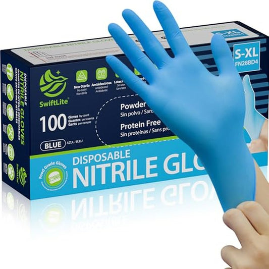 SWIFTLITE Nitrile Gloves, Food Safe Disposable Gloves Latex Free, Blue Rubber Gloves Powder Free for Food Prep, Cooking, Kitchen Cleaning (Small, 100)