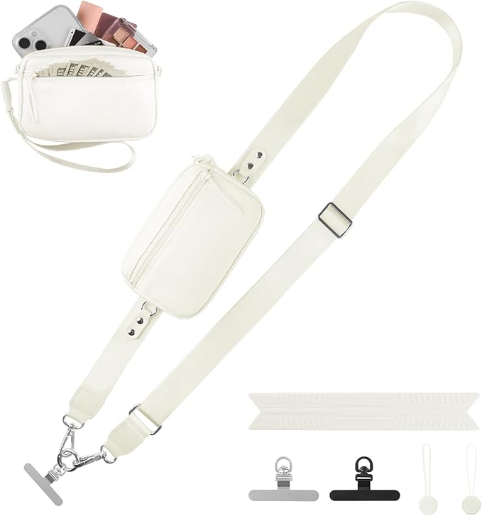 YFWE Clip and Go Strap for Phone with Wallet Crossbody, Adjustable Phone Lanyard with Detachable RFID Wristlet Wallet & Ultra-Thin 360° Rotatable Metal Tabs for All Smartphones (Cream)