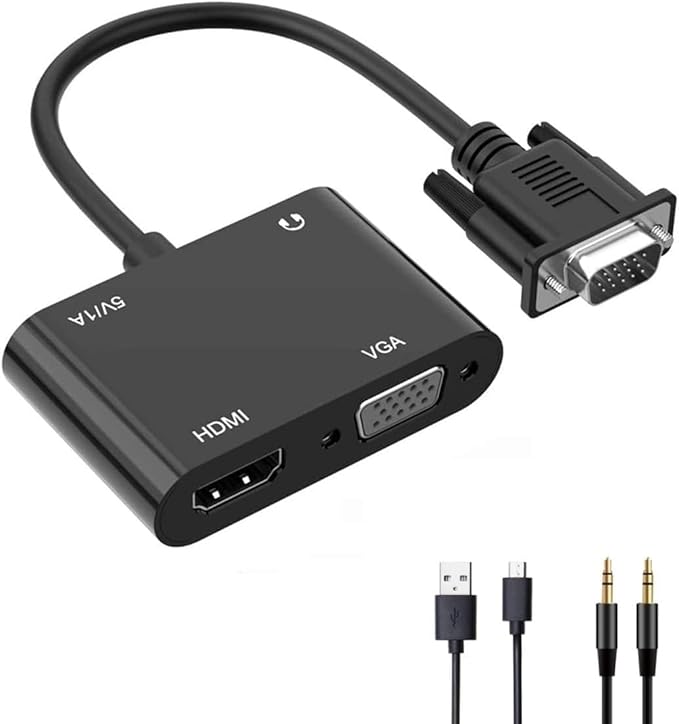WJBCNEENT VGA to HDMI VGA Audio Video Cable Adapter Converter Splitter with 3.5mm Audio USB Power for 2 Monitors, Computer, Desktop, Laptop, PC, Projector, HDTV 1080P, Plug and Play