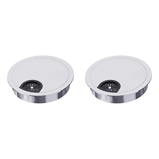 Skweawert 2 Pack Desk Grommet 2-3/8 Inch 60mm, Zinc Alloy Computer Desk Wire Hole Cover, Office Desktop Cord Cable Hole Metal Ring, Silver Tone
