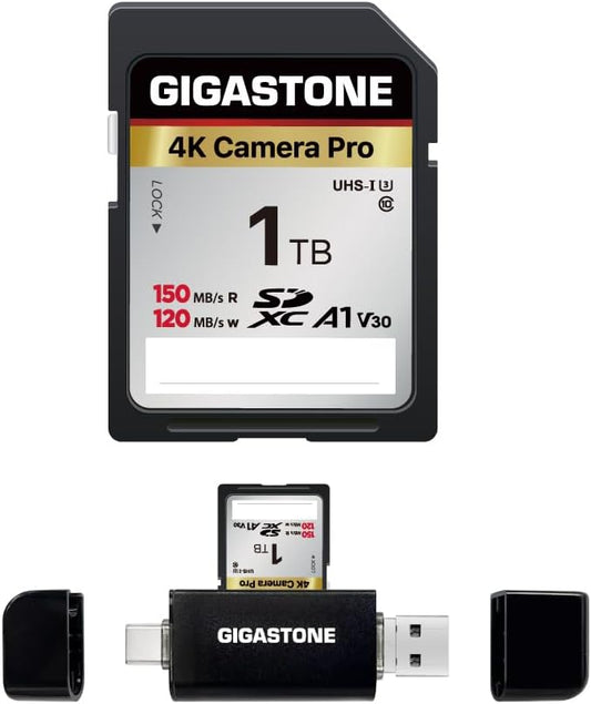 【5-Years Data Recovery】 GIGASTONE 1TB SD Card with USB Type C Card Reader, 4K Camera Pro, UHS-I A1 V30 U3 SDXC Memory Card Compatible with Digital Camera, with 1 mini case