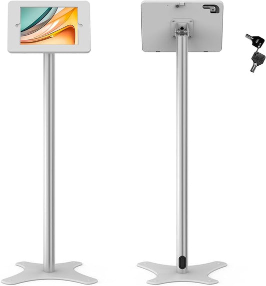 Beelta Tablet Floor Stand Compatible with 10.2" iPad 7 8 9, Rotate Lockable Metal Tablet Enclosure+Aluminum Pole+Metal Base - BSF302WT