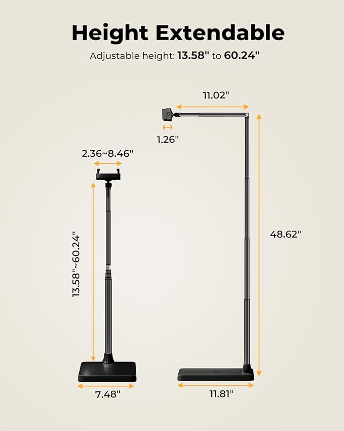 SupeDesk Tablet Floor Stand, Adjustable iPad Holder for Bed & Sofa - 360° Rotating Long Arm, Height Adjustable from 13.5" to 60.3", Sturdy Metal Base for iPad, Tablet, Phone (4-13 Inch), Black