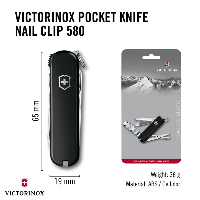 Victorinox Nail Clip 580, 8 Functions, Swiss Made Multi-Tool with Nail File, Nail Cleaner and Small Blade - Black