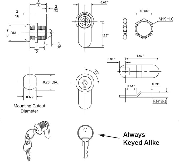 Pro Chutes Cabinet Cam Lock - 5/8" Pack of 4 Cabinet Locks with Keys for RVs, Drawer Lock Including 4 Cylinder Round Face Tool Box Locks, 4 Straight & 4 Offset Cams, 4 Alike Keys with Bonus Key Chain