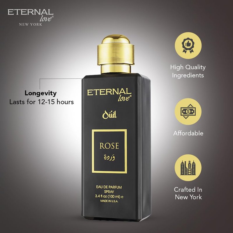 Eternal Love Rose Oud - Long Lasting Unisex Eau de Parfum - Romantic Floral Oriental Fragrance with Oud & Rose - Dubai Inspired Arabic Scent - 3.4oz