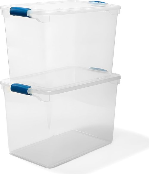 HOMZ Clear Plastic Storage Organizer Bins - 112 Quart Stackable Latching Lid Containers | 2-Pack, Blue Latch