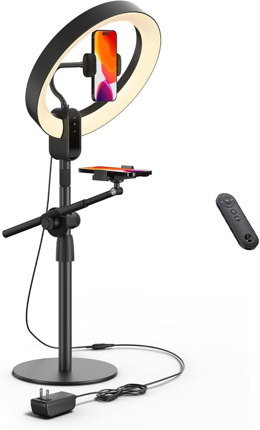 SupeDesk 12" Ring Light with Stand and Phone Holder,Overhead Phone Stand,2 Phone Holders,2700-6500K,3 Color Modes,10 Brightness Levels,Remote Control,Adjustable,Live Stream,Tiktok/YouTube