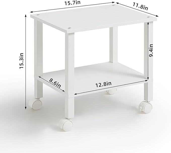 YUFAM 2 Tier Printer Stand with Storage,Under Desk Shelf Printer Table, Rolling Printer Cart for Office,Home,White