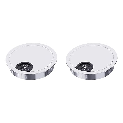 Skweawert 2 Pack Desk Grommet 2-1/8 Inch 53mm, Zinc Alloy Computer Desk Wire Hole Cover, Office Desktop Cord Cable Hole Metal Ring, Bright Silver