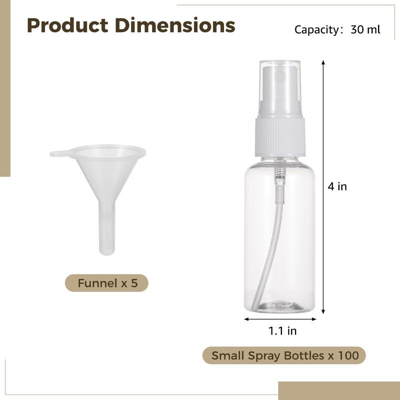 OMISTAR 100 PCS 1 oz Mini Small Spray Bottle - 30ml Transparent Plastic Travel Spray Bottles for Perfume Cosmetic, Travel Size with 5 Funnels, Convenient Refillable, Leak-proof Design