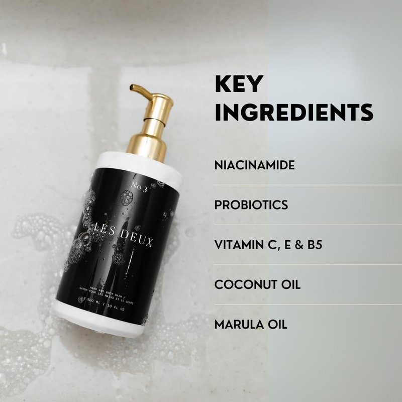 Les Deux Body Wash - Nourishing & Hydrating Natural Body Cleanser with Niacinamide, Probiotics, Rosehip & Marula Oils, No 3 - (Santal, Vetiver, Eucalyptus). Sulfate Free Body Wash