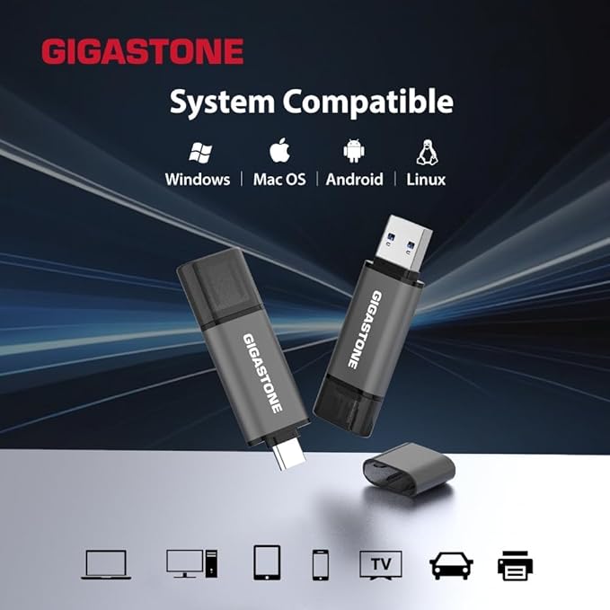 GIGASTONE 128GB Dual USB Flash Drive 5-Pack, USB 3.2 Gen 1, 2-in-1 USB C+A, Speed Up to 100MB/s, Head Cap Design Thumb Drive, Plug & Play for Smartphone/PC/Mac/TV/Car Audio, USB 2.0/3.0/3.1 Compatible