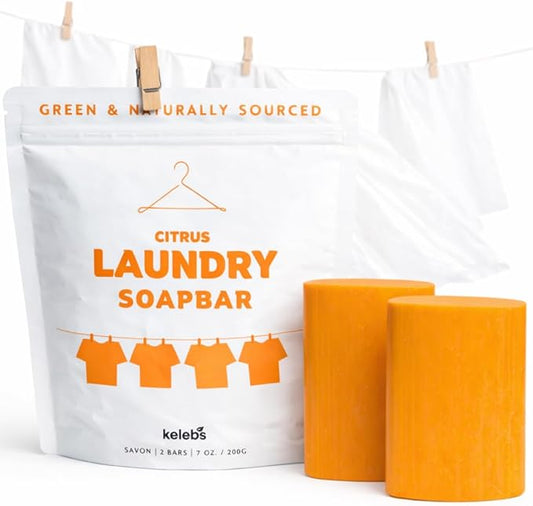 KELEBS Laundry Soap Bar - Natural Citrus Formula with Organic Ingredients - Stain Remover for Delicate Clothes, Underwear, Collar - 2 Bars | Aluminum Packaging