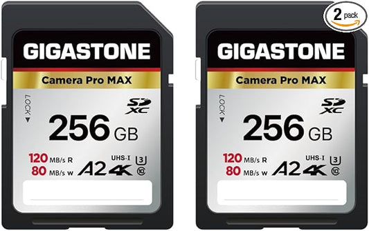 【5-Years Data Recovery】 GIGASTONE 256GB SD Card 2-Pack, 4K Camera Pro MAX, UHS-I A2 4K SDXC Memory Card High Speed 4K UHD Video Compatible with Kodak Digital Camera, with 2 Mini Cases