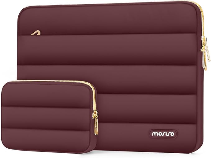 MOSISO Laptop Case 13.3 inch,13-13.3 inch Puffy Laptop Sleeve Compatible with MacBook Neo/Air 13.6 M5 M4 M3 M2 M1/Pro 13/14,HP Dell ASUS Lenovo,Polyester Horizontal Bag with Small Case, Wine Red