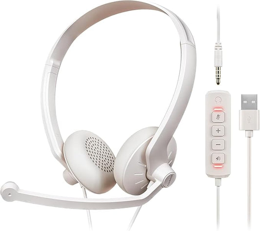 FEABASK USB Headset with Microphone for PC - Wired Computer Headphones with Noise Cancelling Microphone for Home Office Online Class Skype Zoom Meetings