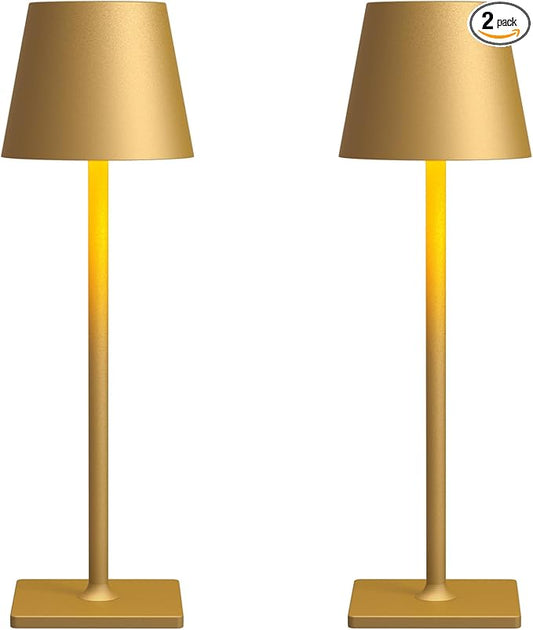 Fizrice Cordless Table Lamp, 6000mAh Battery Operated, 250LM Adjustable Brightness IP65 Height Adjustable - Set of 2 Gold Wireless Lamps for Restaurant Patio Bedside Outdoor Cafe & Home Decor