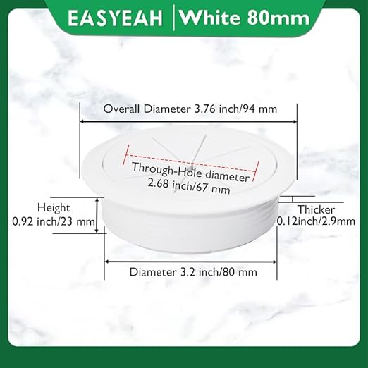 EASYEAH 2 Pcs Desk Grommet 3-1/8" / 80 mm, Desk Hole Cover for Cables White, Cable Grommet ABS Plastic, Desk Hole Grommet for Home & Office Pc, Detachable Cable Cord Organizer