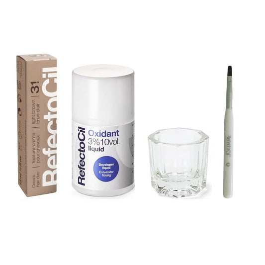 RefectoCil Light Brown (#3.1) Hair Tinting Kit Includes Cream Hair Dye + Liquid Oxidant 3% + Mixing Brush & Mixing Dish