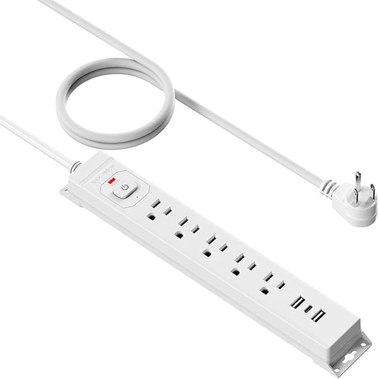 15 Ft Power Strip Surge Protector with USB Ports, Flat Plug Extension Cord, 5 AC Outlets and 3 USB Charging Ports, Wall Mountable for Home, Office, Dorm