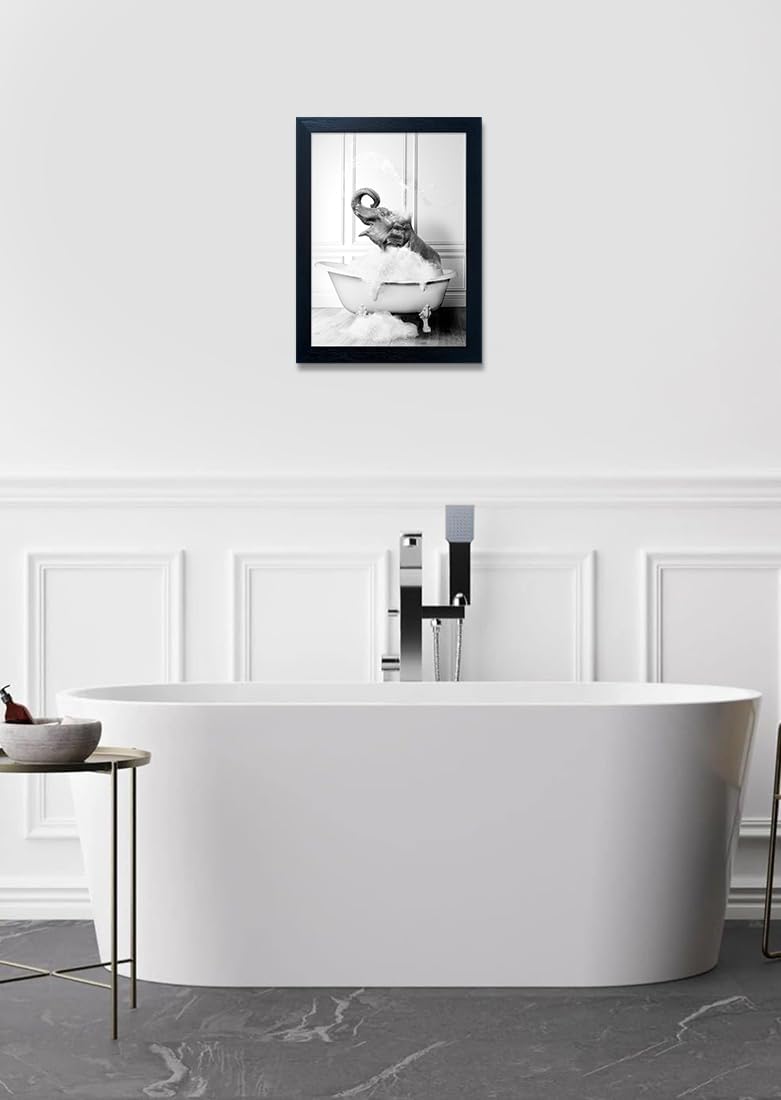 Regine Switzerland Framed Bathroom Decor - Funny Elephant in Bathtub Canvas Art | Black and White Print