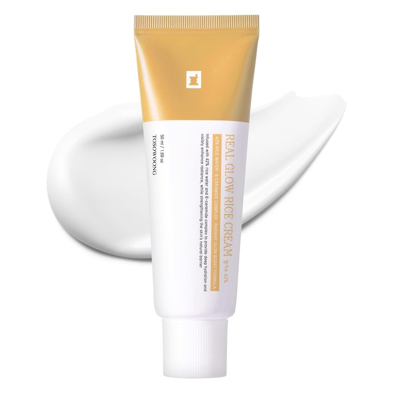 TOSOWOONG Real Glow Rice Cream, 42% Rice Bran Water Hydrating Face Moisturizer, Hyaluronic Acid, 6 Ceramides Deep Nourishment, Moisture Barrier Repair, Glass Skin, Korean Skincare, 50ml / 1.69 fl. oz.