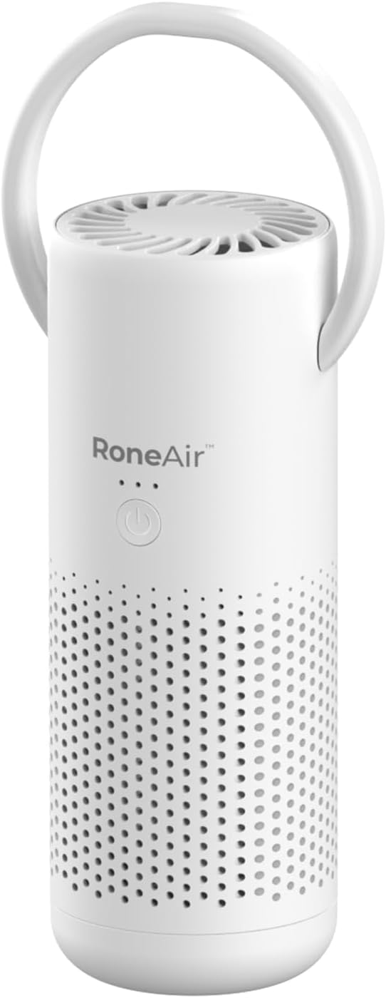 RoneAir Car Air Purifier, Cordless Portable Air Purifier for Car, Office, Small Room with True HEPA Filter, Travel Air Purifier for Smoke, 0dor & Dust with Aroma Chamber(White)