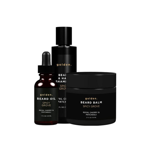 Golden Grooming Beard Bundle (Regular Starter Kit) 4oz Shampoo, 2oz Balm, 1oz Oil - Spicy Grove