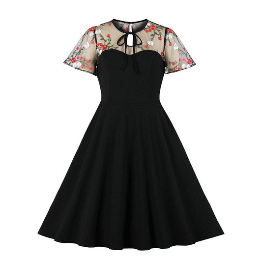 Women Keyhole Tie Neck Mesh Sleeve Vintage Cocktail Swing Dress Sweetheart Illusion Embroidery Flower 50s Pleated A-line Rockabilly Prom Dress Wedding Party 1950s Retro Casual Midi Dress Floral 4XL