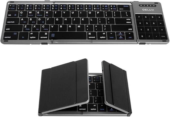 DELUX Tri-fold Keyboard with Touchpad and Numeric Keypad, 2.4G Wireless Bluetooth KBD, Rechargeable Portable Travel Folding Keyboard with PU Leather, Compatible for iOS/Android/Windows/Tablet (KF18)