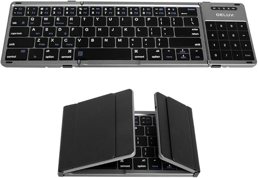 DELUX Tri-fold Keyboard with Touchpad and Numeric Keypad, 2.4G Wireless Bluetooth KBD, Rechargeable Portable Travel Folding Keyboard with PU Leather, Compatible for iOS/Android/Windows/Tablet (KF18)