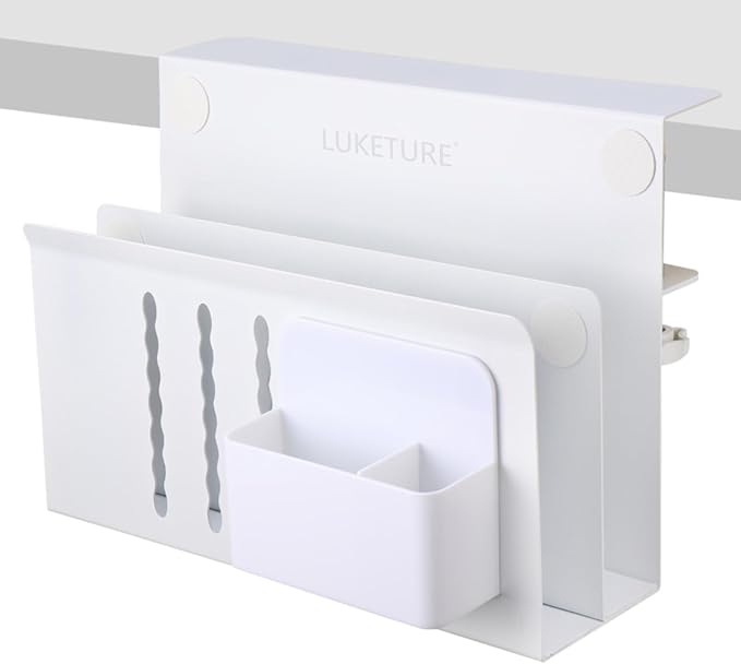 LUKETURE Laptop Holder, Steel Desk Side Storage, No Drill Standing Desk Accessories, Laptop Mount with Pen Holder, Back to School Supplies, Fits Flat Edge Tables 0.3" to 2.8" (White, L(2 Tier))