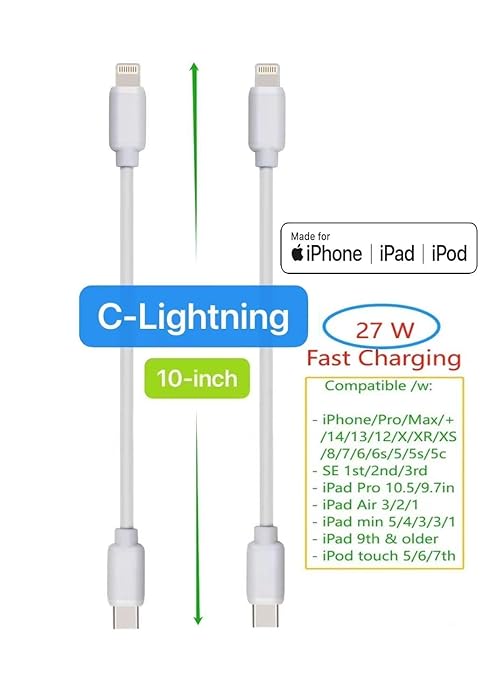 JuSoFU 10-Pack Multi Short USB Cables & TypeC-C Cables for Charging Stations Compatible/w iPhone17,16,15, iPhone5-14/ iPads/iPad mini/iPad Pros/Samsung Moblies & Tablets/Pixel & Nexus/HTC/Sony(White)